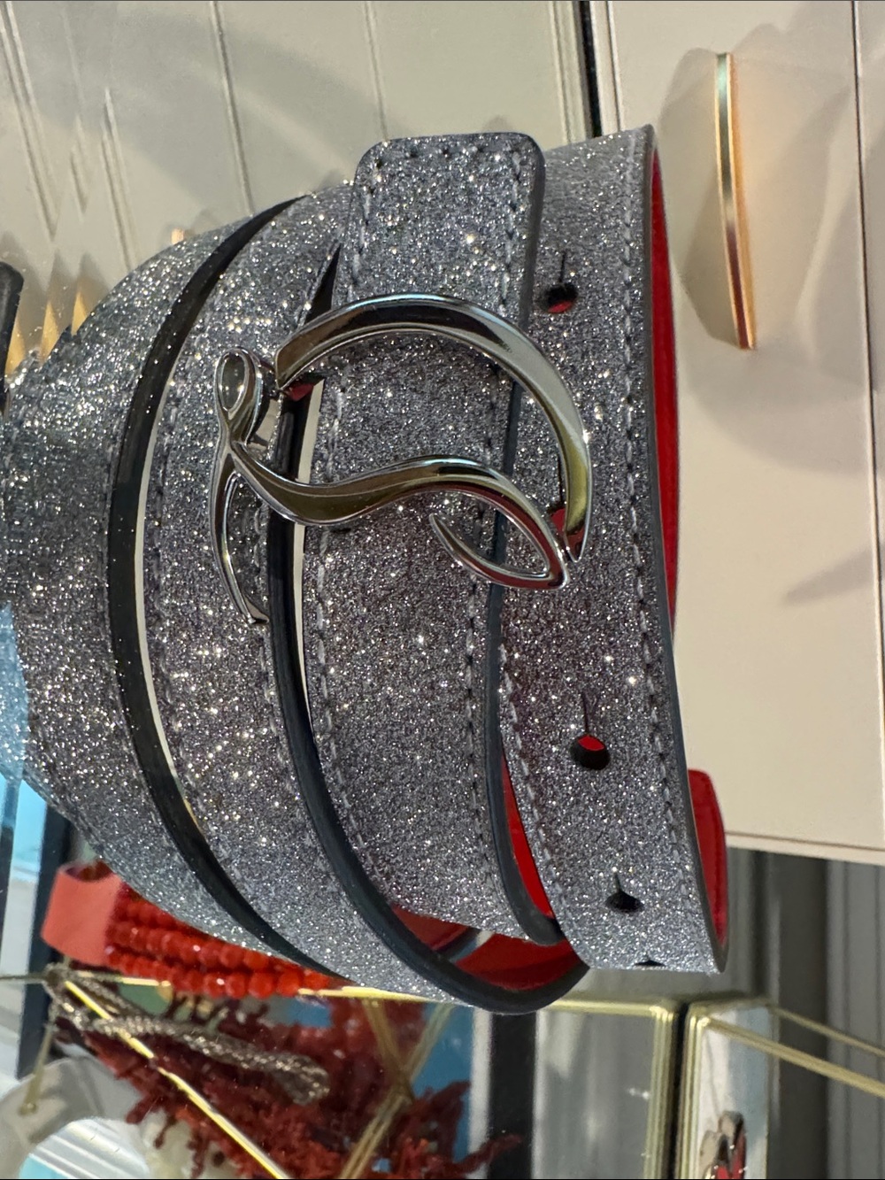 Christian Louboutin Silver Glitter Wrap Belt with Signature Red Backing